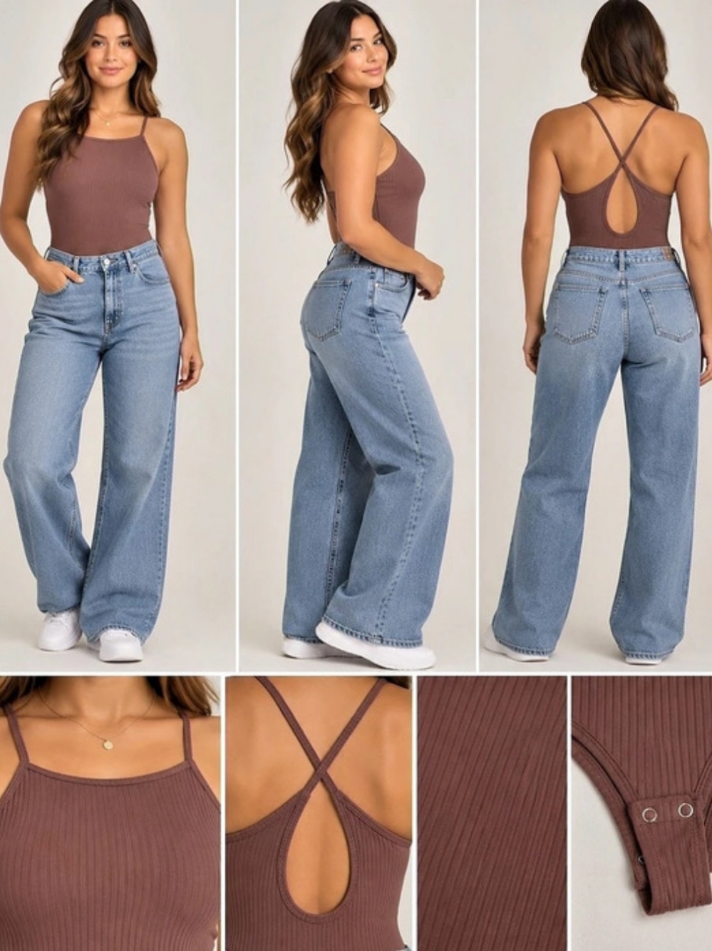 Ribbed Crisscross Back Bodysuit in Mauve/Brown